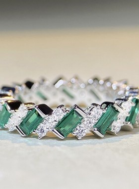 新款欧美S925银祖母绿切满钻排戒时尚网红璀璨爆闪戒指祖母绿戒子