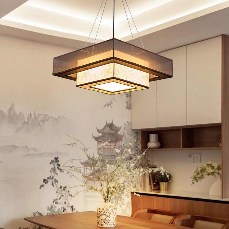 新中式布艺吊灯方形客厅卧室吸顶灯F中国风餐厅餐饮饭店包厢间主