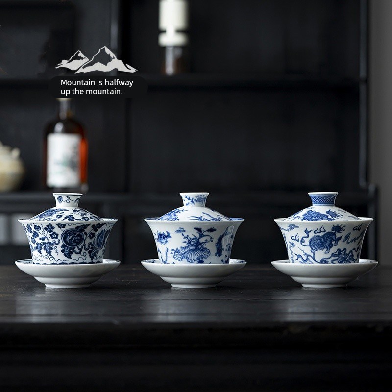 高档彷古青花狮舞大号三才盖碗功夫茶具陶瓷八宝S茶碗大容量礼盒