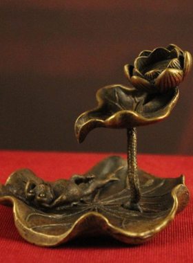 实心纯铜荷叶青蛙倒流香摆件仿古莲花呱呱来财香炉香道茶道工艺品