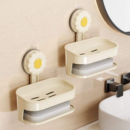 家用壁挂吸盘香皂盒免打孔置x物架浴室奶油白双层大号创意肥皂盒