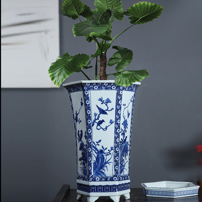 景德镇手绘青花陶瓷六方兰花花盆大号盆景带托盘植物花箱艺术盆栽
