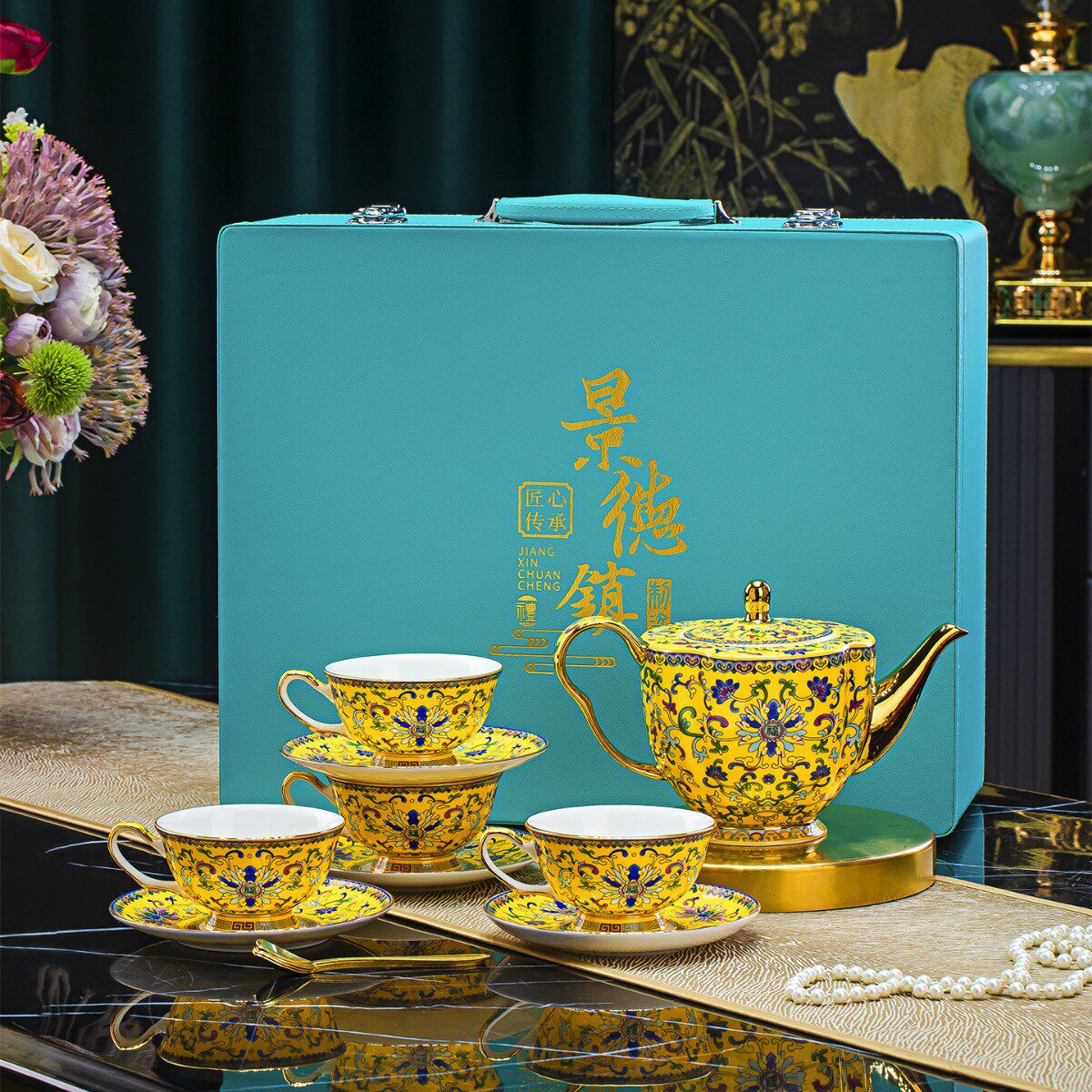 景德镇陶瓷咖啡杯碟套装家用骨瓷马克杯高档精致下午茶杯碟勺套装