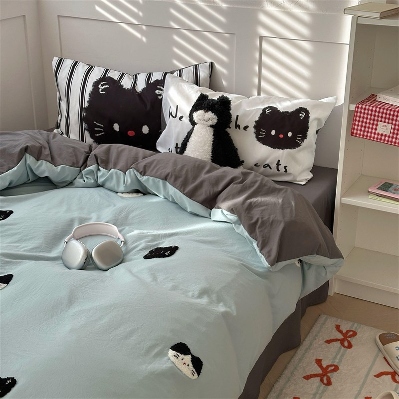 新款可爱卡通绣花小猫纯色水洗棉四件G套床单被套单人宿舍床上用