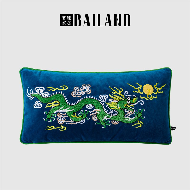 百澜家居CS017蓝色绒面龙年中式复古刺绣抱枕客厅沙发靠枕新中式