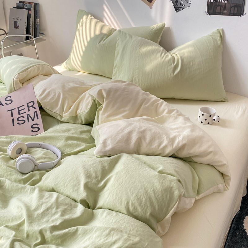 博主风纯色双拼水洗棉四件套裸睡床单床笠宿舍被套单X人床上三件