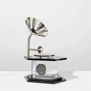 简约现代水晶复古留声机样板房售楼处软装 饰品金属摆件 客厅桌面装