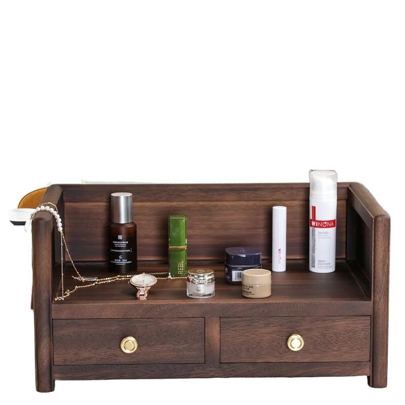 tkz北美黑胡桃木双层带抽屉收纳盒多格置物架文房实木梳妆收纳化
