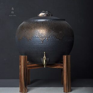 南初 陶瓷储水罐鎏金老岩泥净化过滤茶室家用带龙头圆形净水缸