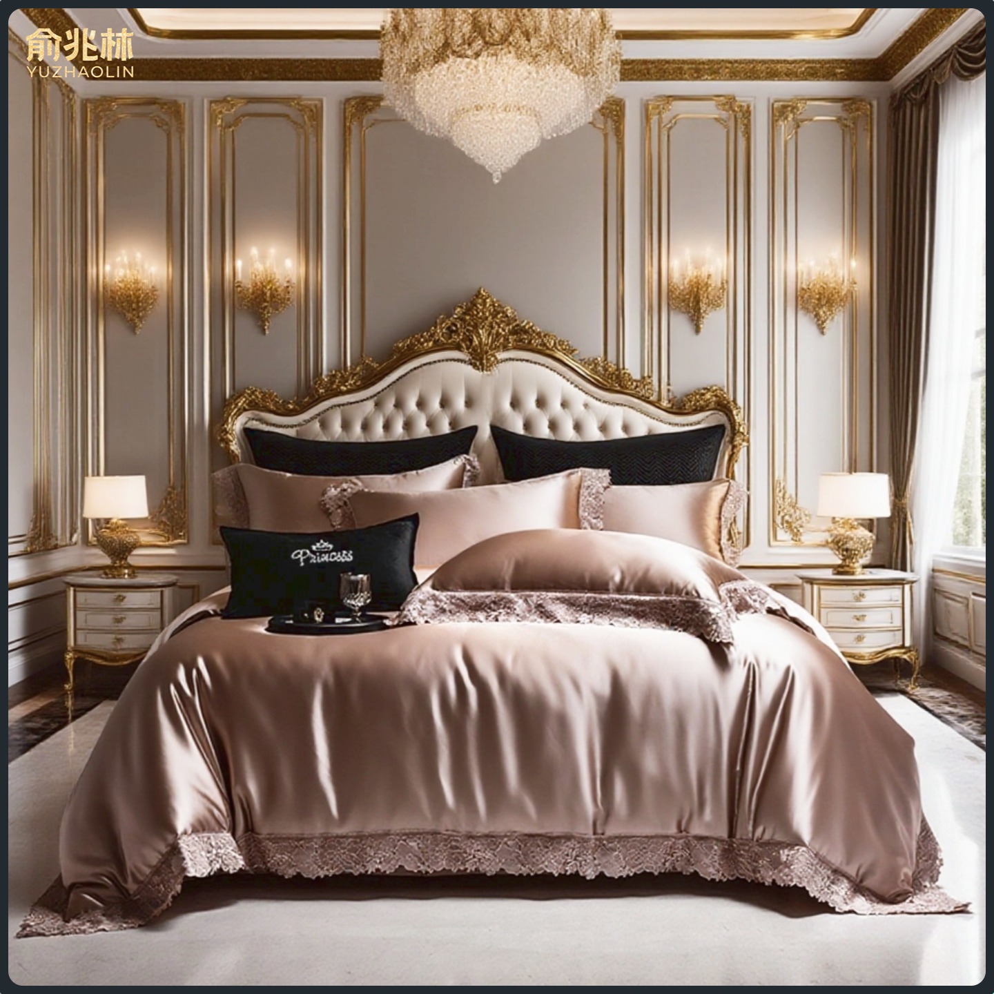 法式奢华高端四件套真丝缎面欧式高精密锦缎蕾丝边金边卧室床品套