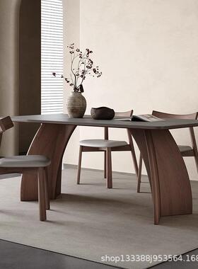 实木岩板餐桌现代简约胡桃色饭桌家用意式极简灰色长方形岩板餐桌
