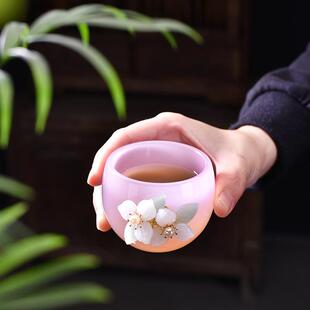 琉璃粉色女士茶杯陶瓷茶具冰花主人杯个人专用茶盏单杯子禅定杯