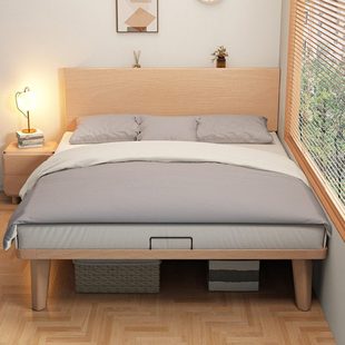 超薄床头全实木床小户型省空间原木风榉木高脚齐边床1米5单双人床