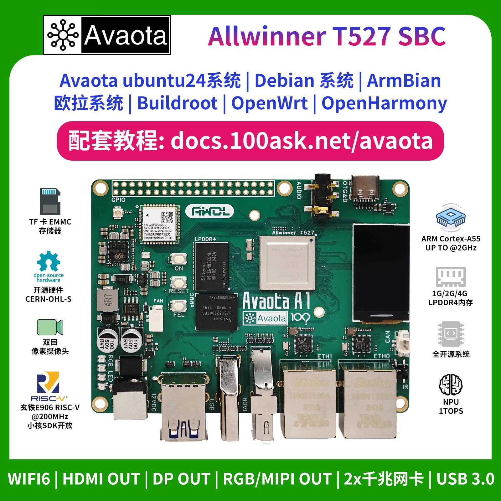 韦东山全志T527开发板国产八核 GPU支持便携主机 AvaotaA1 AI开发