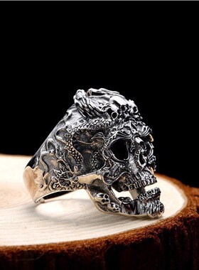 【代发】S925银 酷毙了!男士霸气机车摇滚风骷髅头开口泰银戒指
