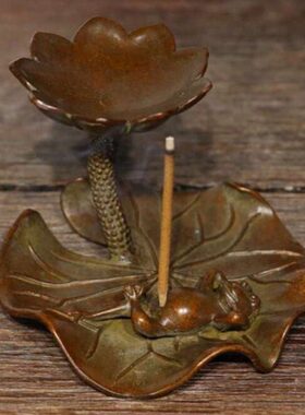 纯铜手工仿古实心紫铜茶宠小物件 荷叶逍遥蛙 茶道小摆件