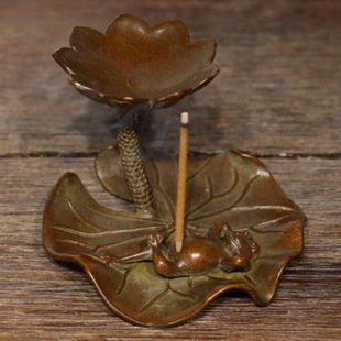 纯铜手工仿古实心紫铜茶宠小物件 荷叶逍遥蛙 茶道小摆件