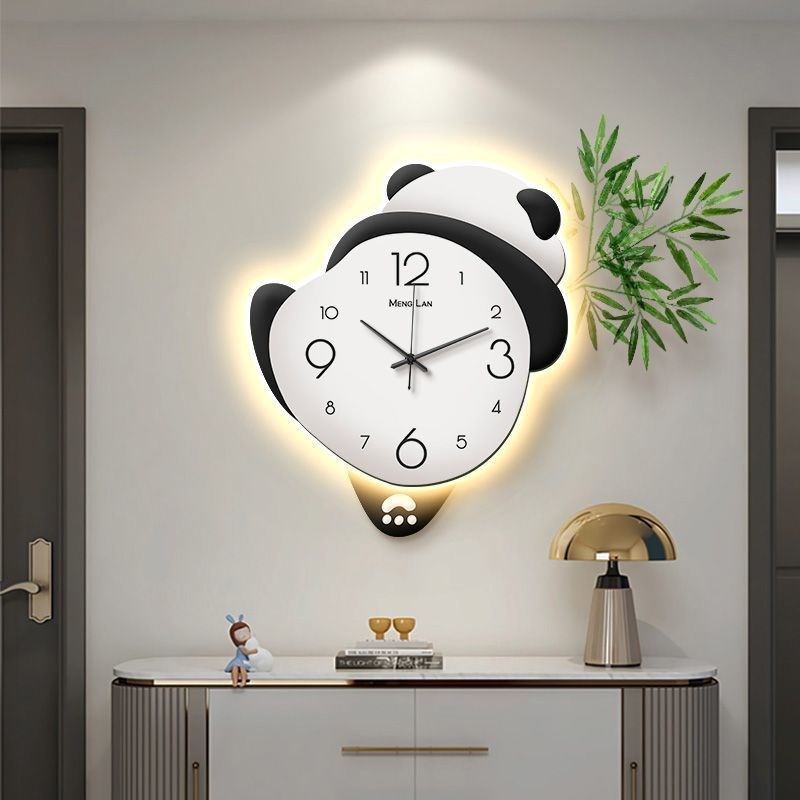oxs熊猫钟表客厅挂钟2023新款钟表挂墙摇摆时钟免打孔静音创意时