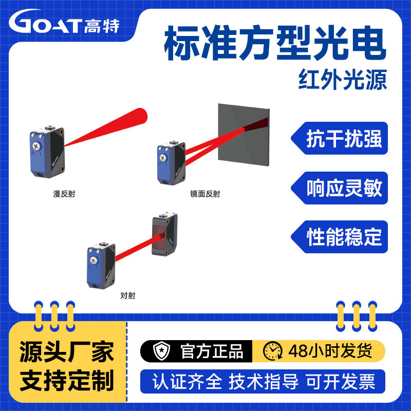 红外光源方型光电传感器高速运动感应方形热源检测限位开关抗干扰