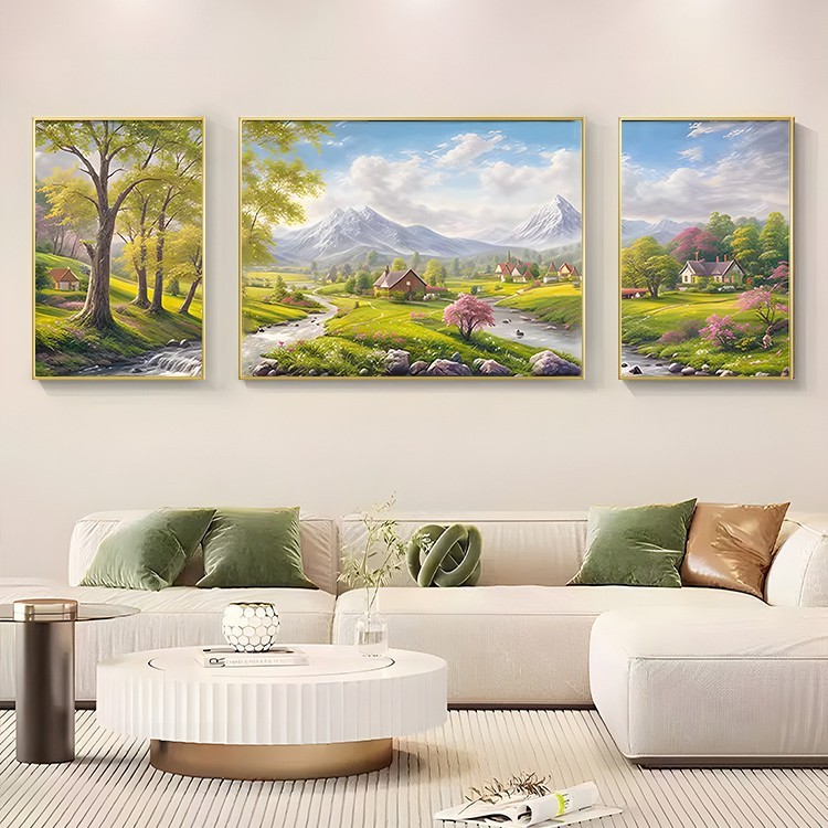 日照金山客厅沙发背景墙三联画装饰画2024新款聚宝盆山水风景油画