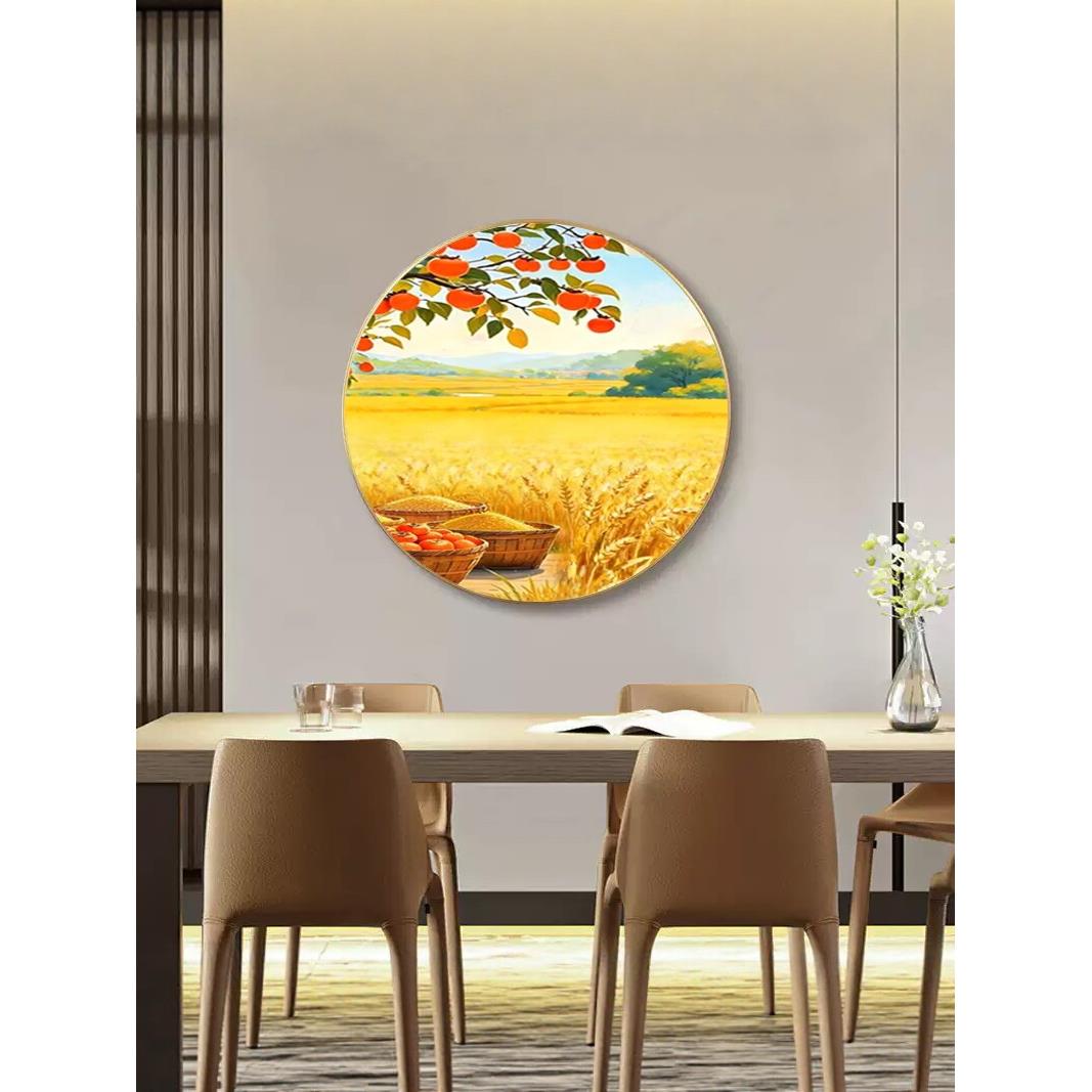 挂画圆形风景油画简约现代玄关背景墙装饰画挂画田园风光丰收麦田