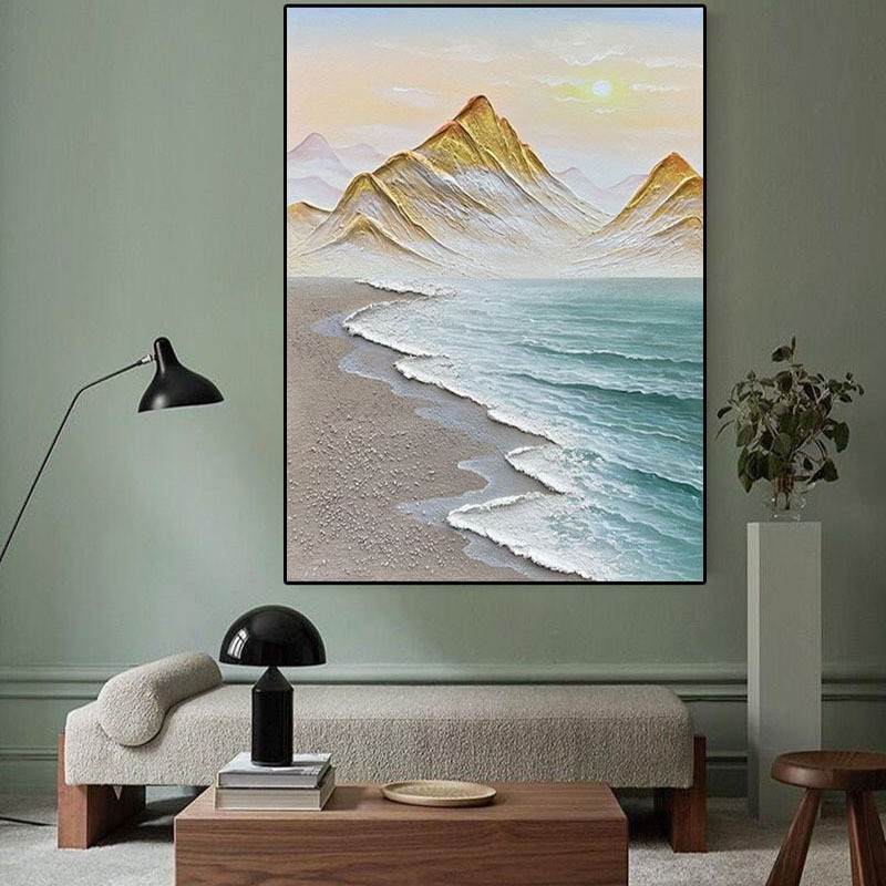 手绘油画日照金山客厅背景墙装饰画抽象海景立体肌理山水玄关挂画