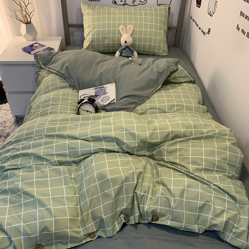小清新日式浅绿格子四件套超火纽扣款被罩1K.2m男女学生宿舍三件