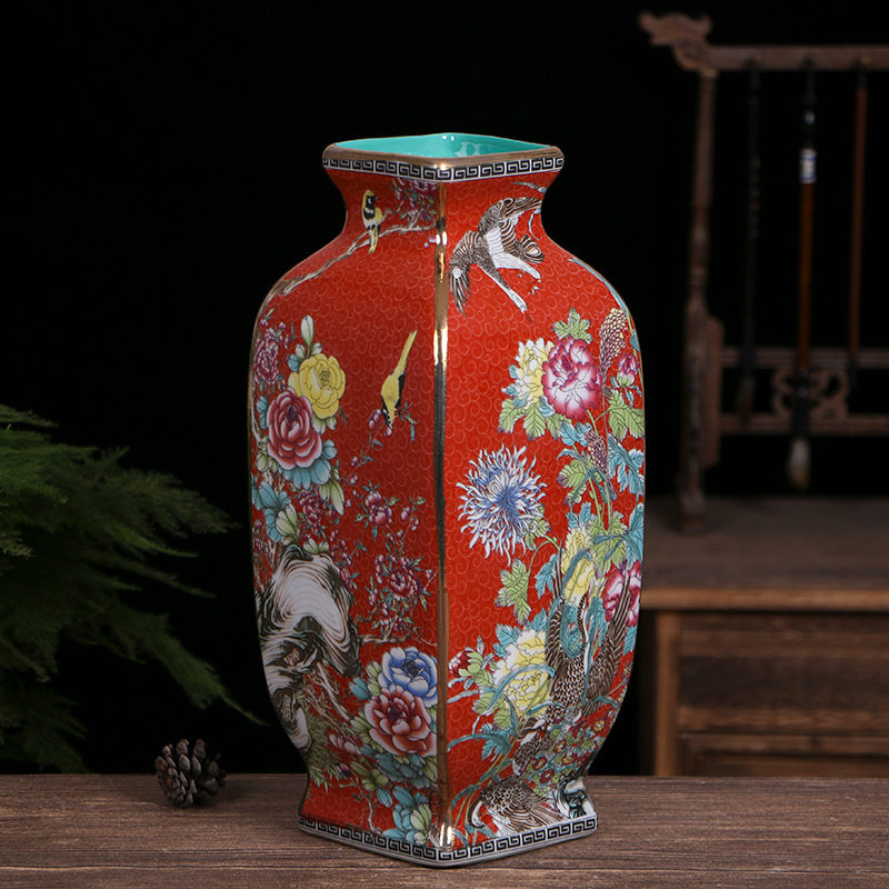 珐琅彩四方花鸟瓶景德镇陶瓷花瓶仿古中式瓷器装饰品摆件工艺品