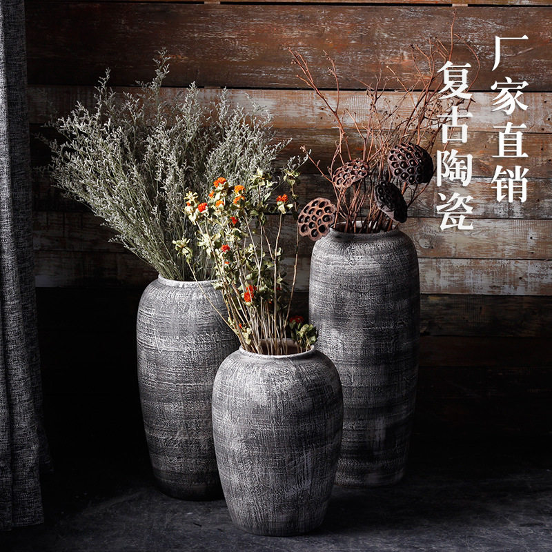 简约现代复古陶瓷干花落地大花瓶景德镇陶罐装饰摆件客厅插花陶盆
