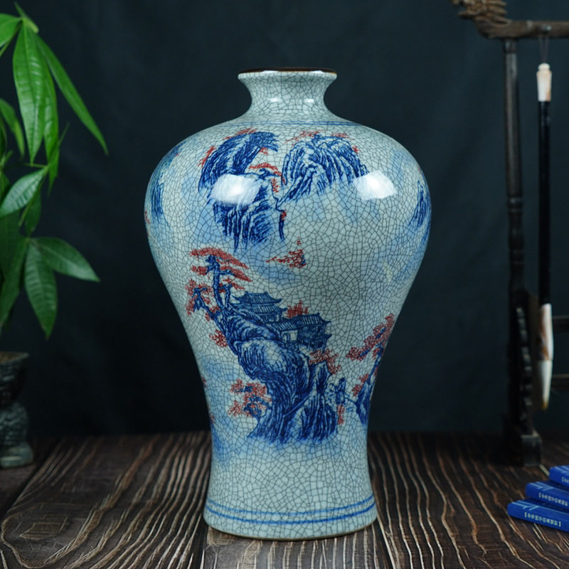 景德镇中式山水陶瓷花瓶青花釉里红家居瓷器摆件仿古装饰工艺品