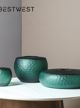 Best west 中古风高档扁平鱼鳞纹玻璃花瓶花器 家居绿色中式摆件