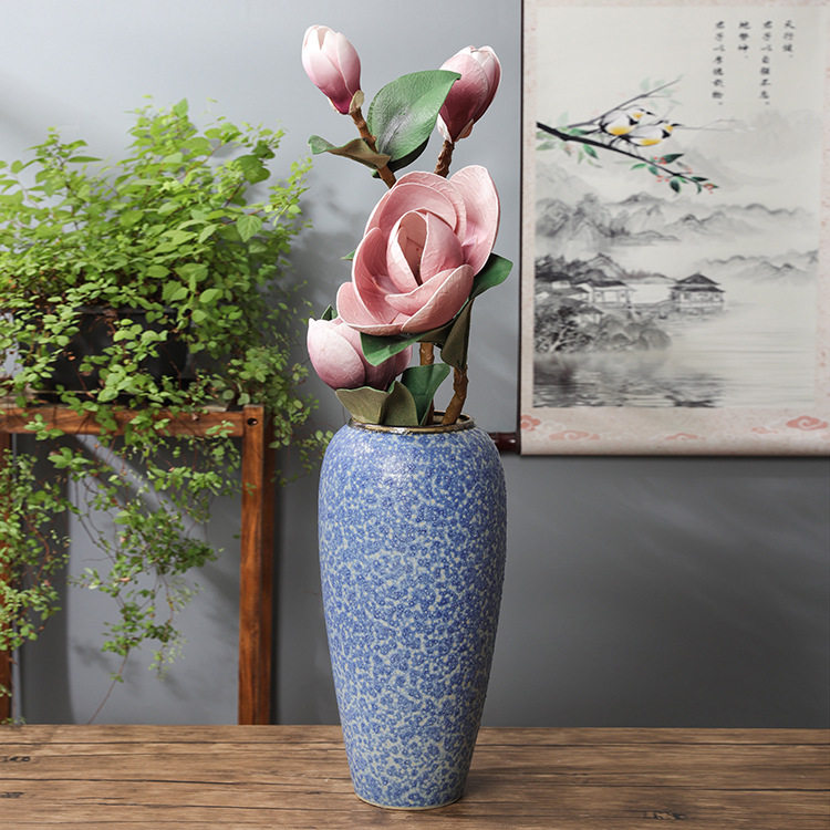 家居装饰品摆件景德镇陶瓷三件套干花花器新中式陶瓷花瓶蓝泡