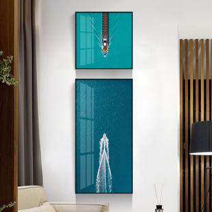 现代玄关墙壁装饰画蓝色壁洋风景轮船上下组业海画工合风大气挂画