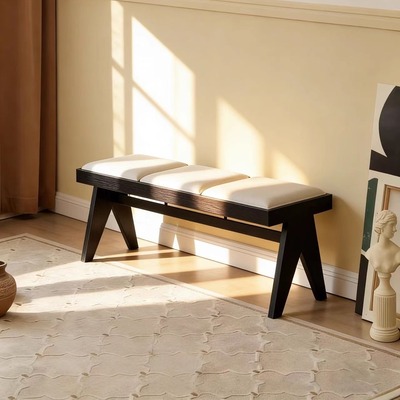 中古风实木软包长凳白蜡木餐桌椅凳中古风换鞋凳创意卧室床尾凳