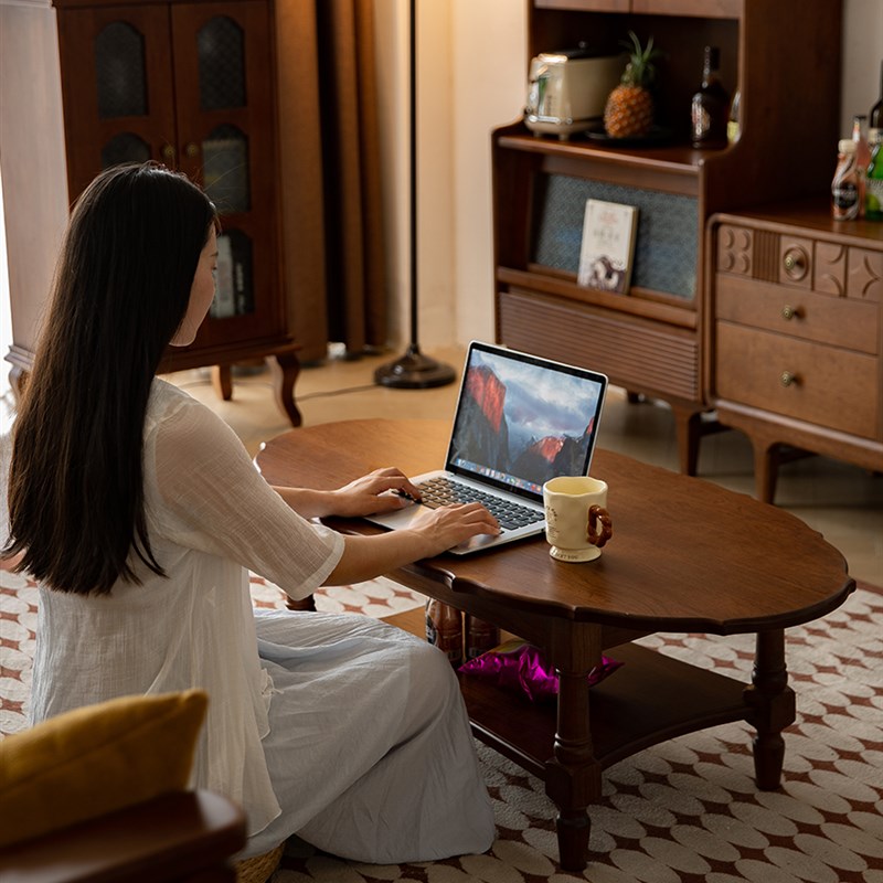 悬挂山木覆古全实木咖啡桌小公寓茶几现代简单茶几家庭客厅法国中