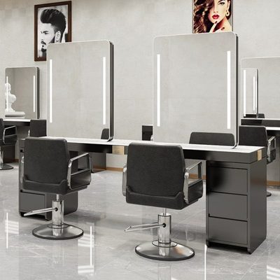 网红理发店单双面镜台美发店柜子一体镜子带灯发廊不锈钢烫染镜台