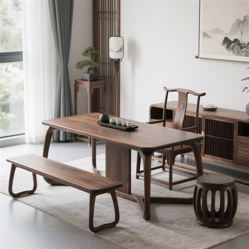 新中式北美黑胡桃木m茶桌椅组合实木现代简约茶台家用办公茶桌禅