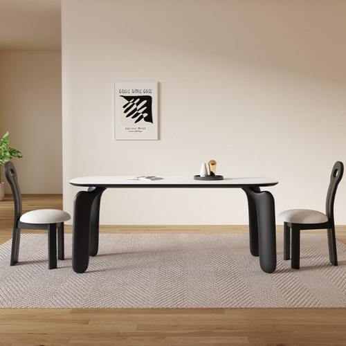 复古白蜡木实木餐桌现代简约家用侘寂奶油风大象腿纯白色岩板桌子