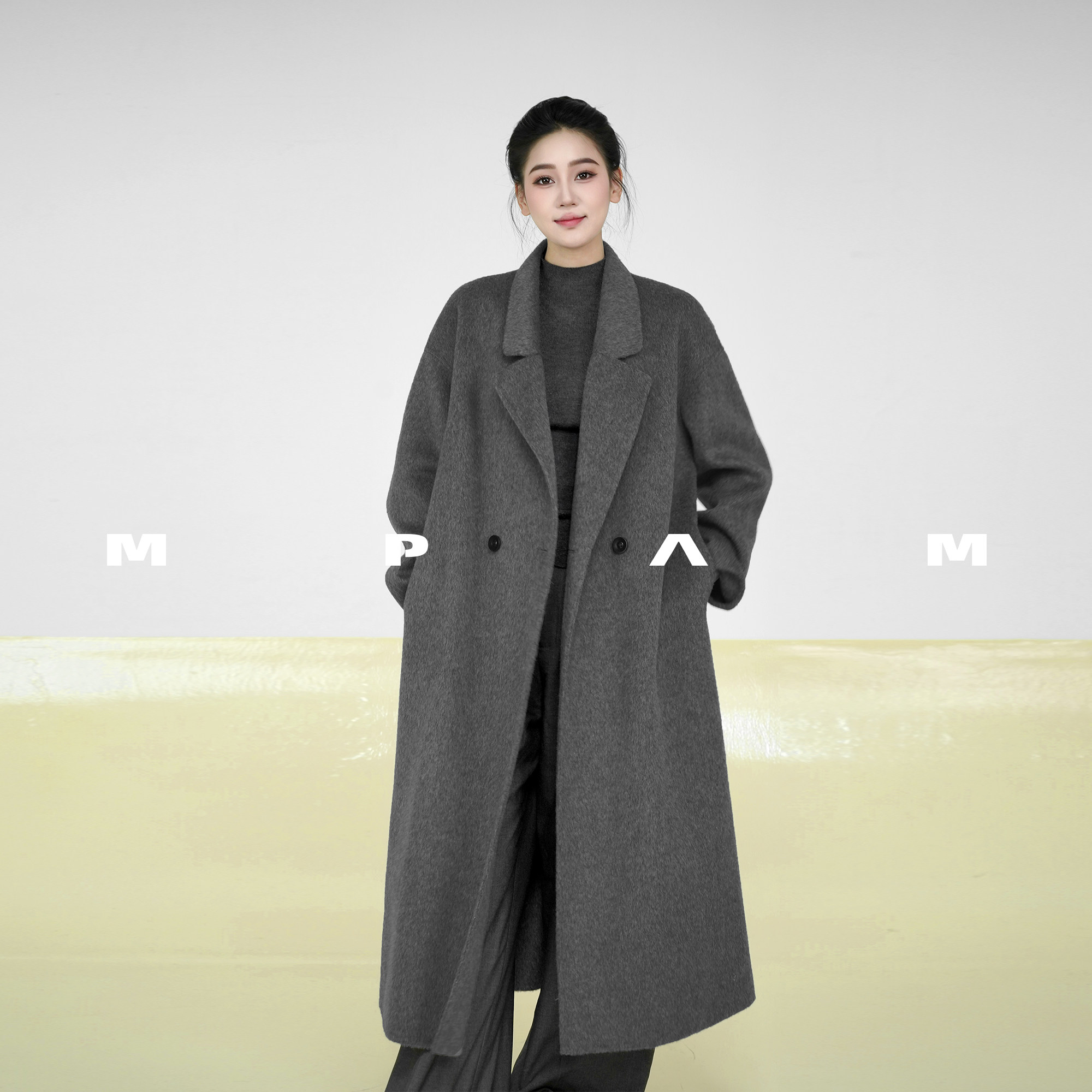 MPAM中长款绵羊毛大衣隐藏兜宽松秋冬保暖双面呢外套女