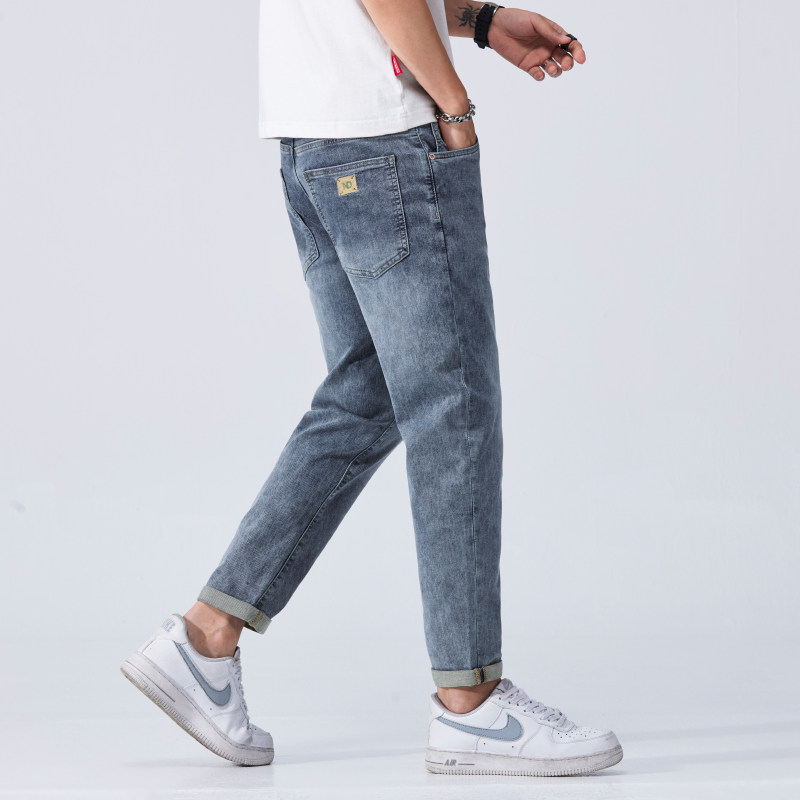 新疆棉 九分牛仔裤男士2026新款潮流印花修身弹力直筒水洗9分裤