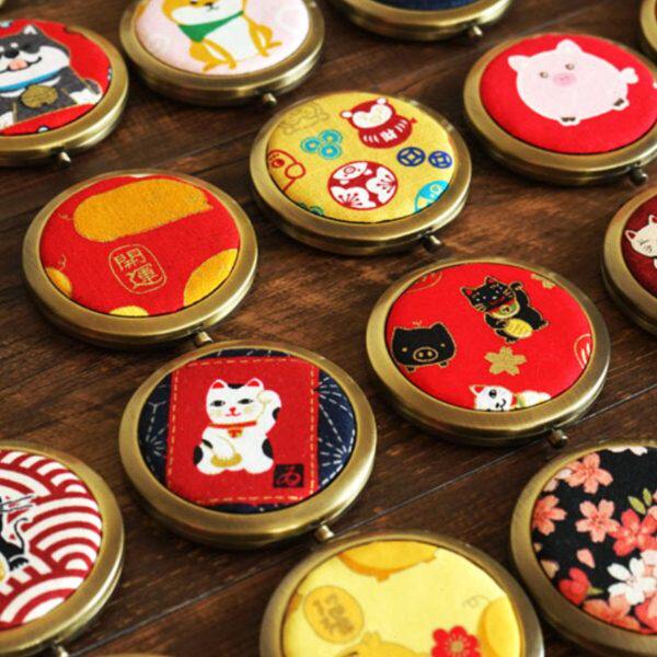 手工定制日式布艺化妆镜双面光面古铜色镜折叠小镜子随身镜礼物