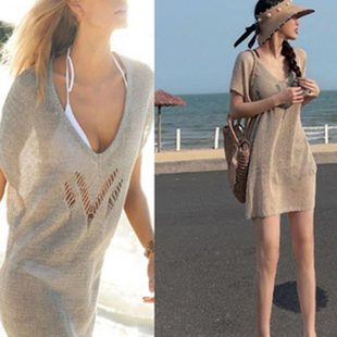海边温泉泳衣外搭女度假装 V领针织镂空沙滩外罩衫 新款 比基尼罩衫