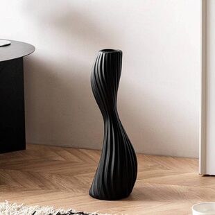 北欧风长款细高陶瓷花瓶黑色电视墙高款装饰O花器格栅玄关柜摆件