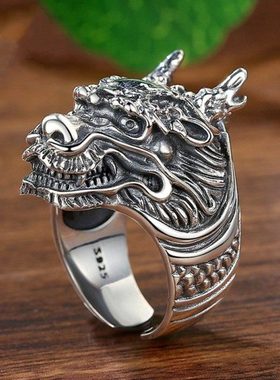 FuGui 复古生肖龙头龙王戒指潮男个性开口霸气中国风食指环单身戒