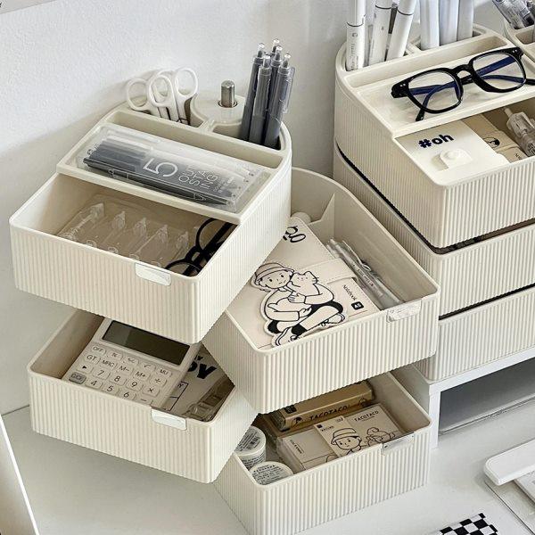 奶油色文具收纳盒学生宿舍桌面整理盒办公桌工位收纳架多层可旋转,收纳整理,文具收纳盒,淘宝优惠券,粉丝福利购,淘宝优惠卷