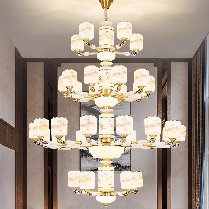 新中式复b式楼大吊灯全铜玉石2025新款别墅挑空大灯中空中国风灯