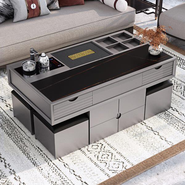 现代简约火烧石茶几多功能功夫茶艺桌大理石桌椅组合办公中式茶台