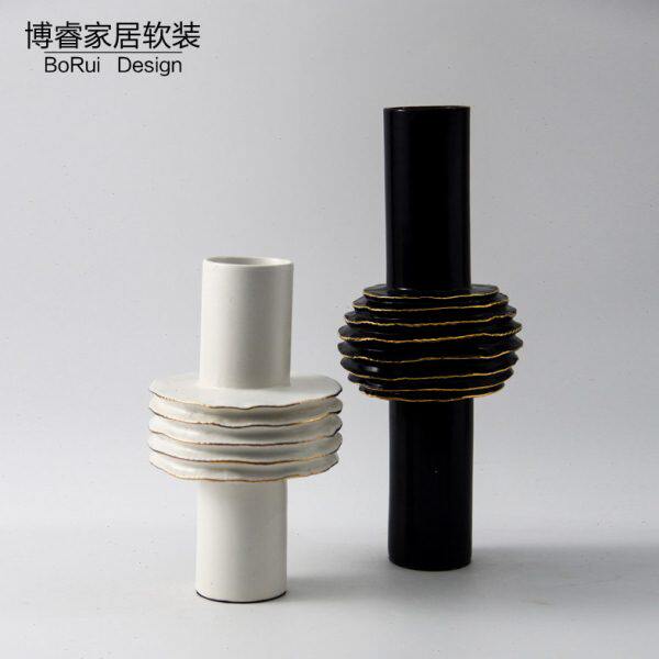 简约现代轻奢创意黑色白色描金陶瓷花器客厅电视柜装饰品花瓶摆件