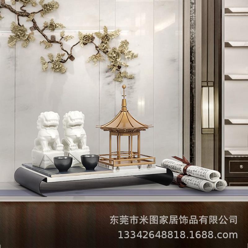 新中式样板房家居装饰树脂金属大理石摆件客厅玄关软装饰饰品组合