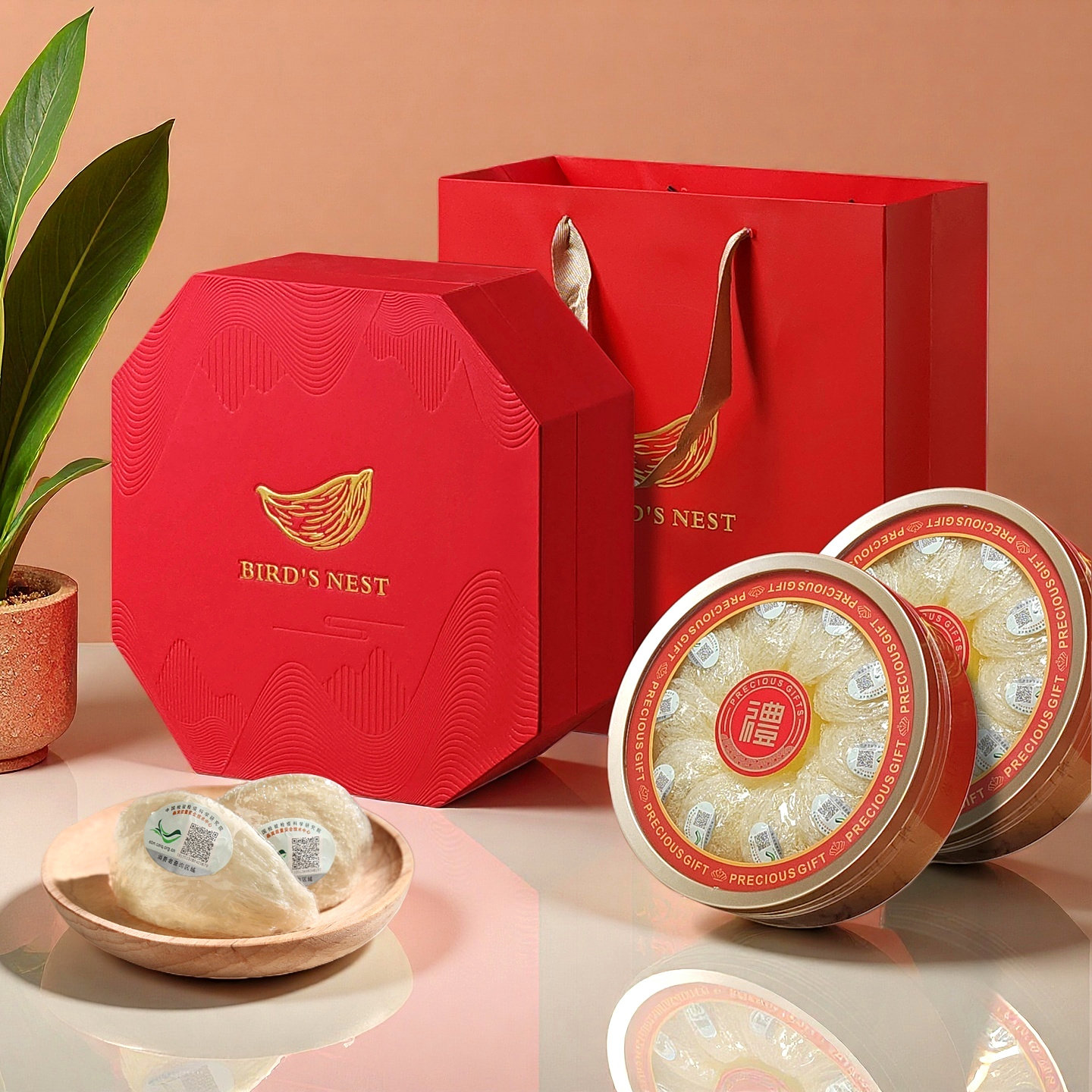 燕窝包装盒高档红色八角皮盒金边圆内盒100-250克装礼品盒空盒子